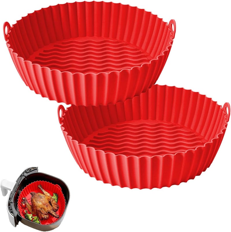 FROVEN 8.5 Inch Silicone Air Fryer Liners Round (2 Pack) Reusable Non-Stick Basket Inserts in Red – With Handles for Mess-Free Cooking – Compatible with Ninja, COSORI, Gowise USA & More Fryer Baskets - Image 1